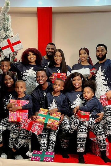 Famille de Noël Flanelle marine Ensemble de pyjama arbre de Noël blanc